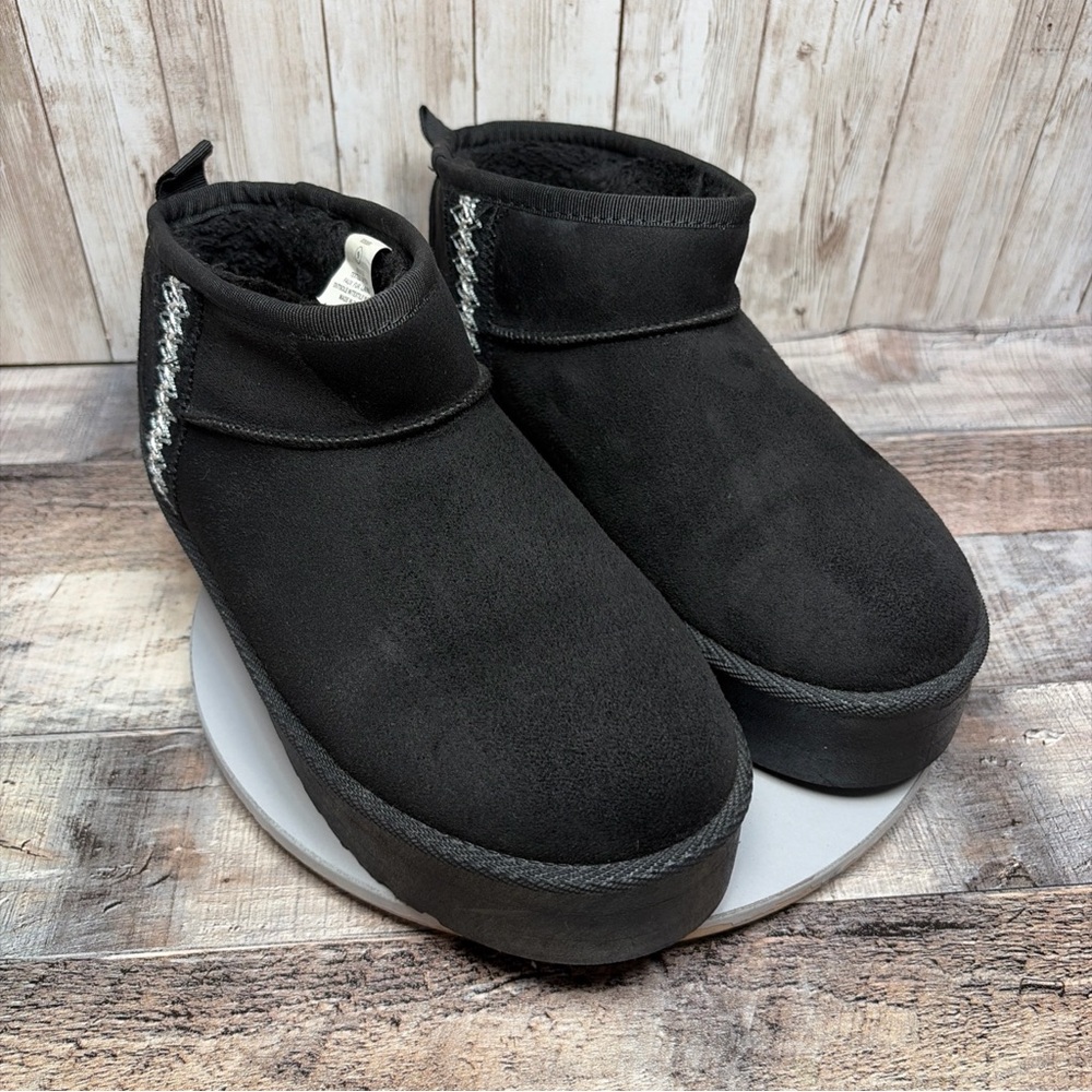 US Sports Women’s Black Textile Winter Platform Ankle Boots Faux Fur Size 9